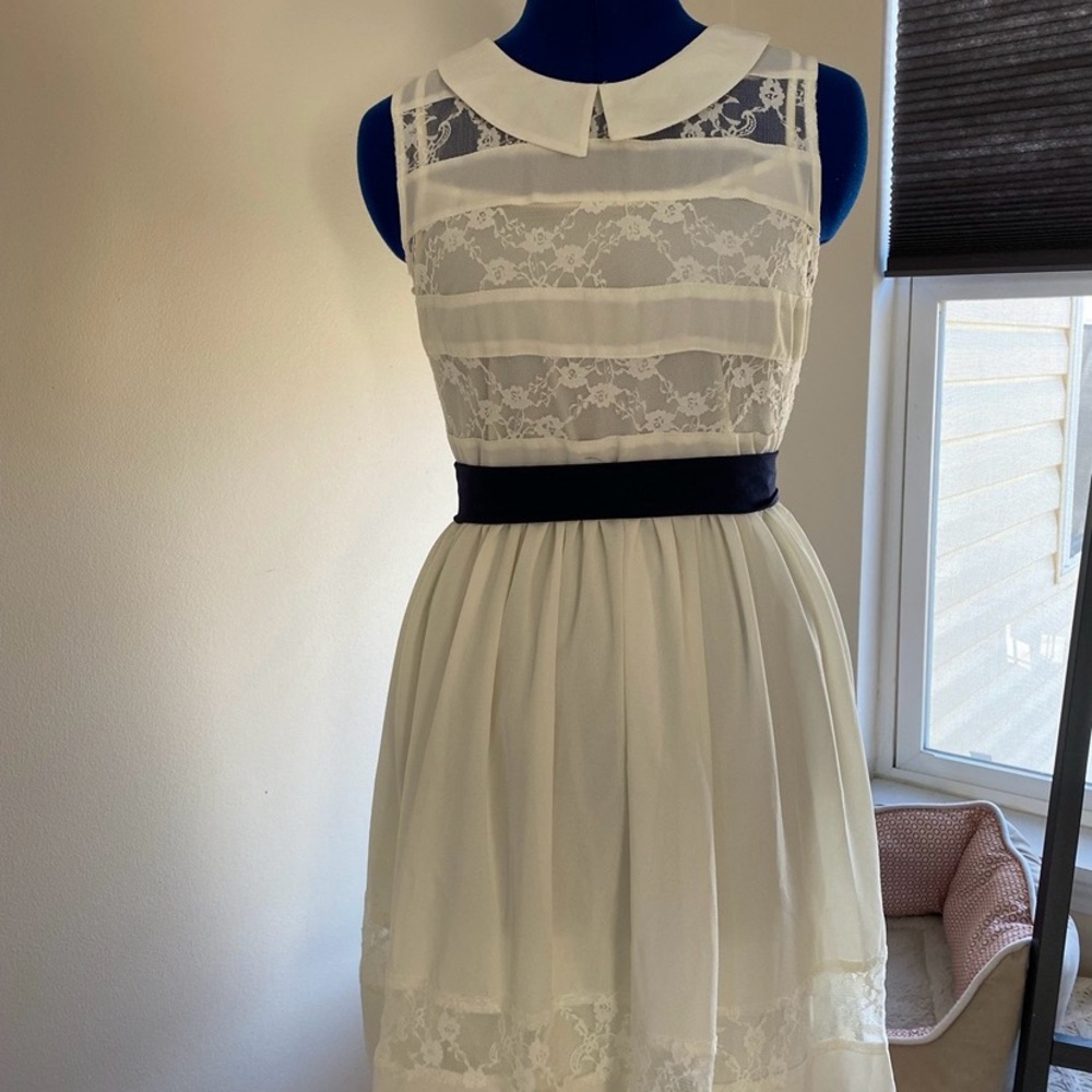 Esley White Lace Dress with Navy Blue Ribbon Belt